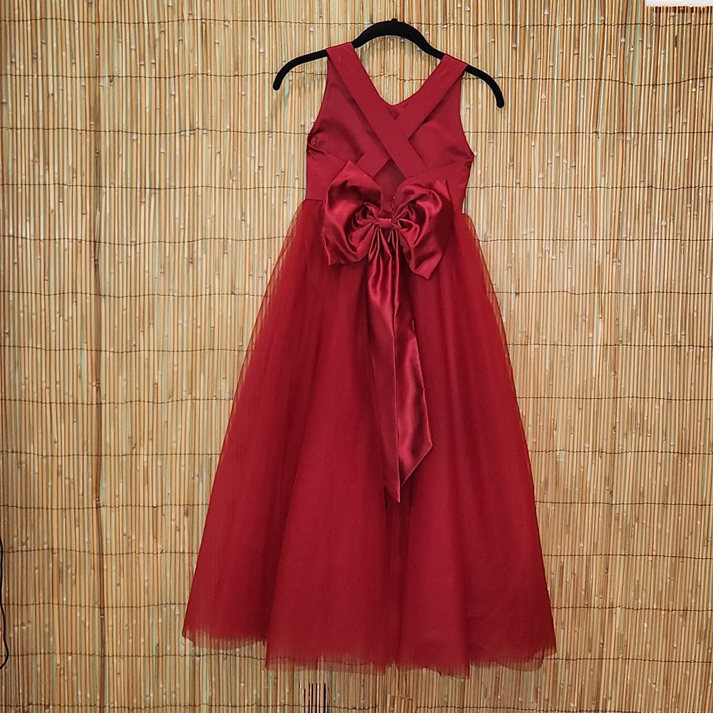 Girls Red Tulle Formal Long Dress Back Bow Christmas Party Photo Medium Chest 27